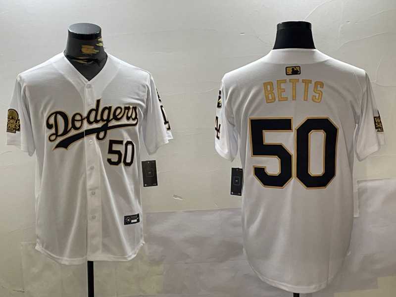 Men%27s los angeles dodgers #50 mookie betts white gold 2024 world series with fernando memorial patch limited stitched baseball jersey
